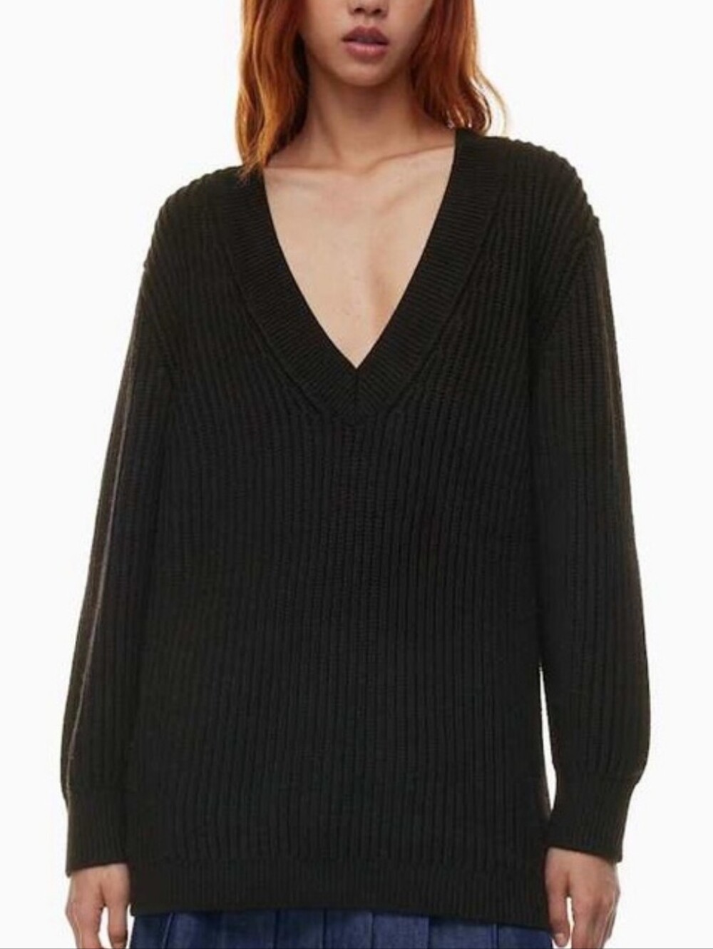 Babaton Black Ribbed V-Neck Sweater Wool Quality Quiet Luxury Chunky Sz S
